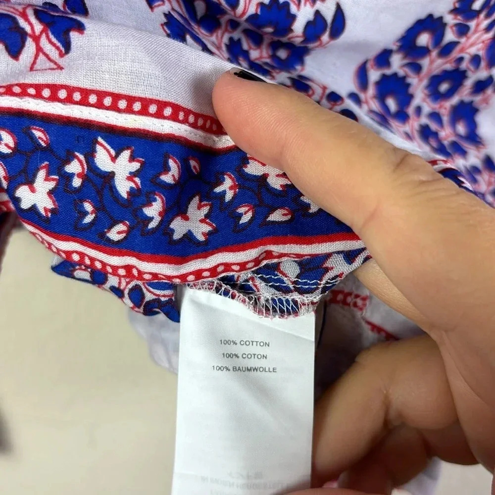 J. Crew French Country Peasant Red White Blue Paisley V-neck Top Blouse size 4 - Picture 7 of 10